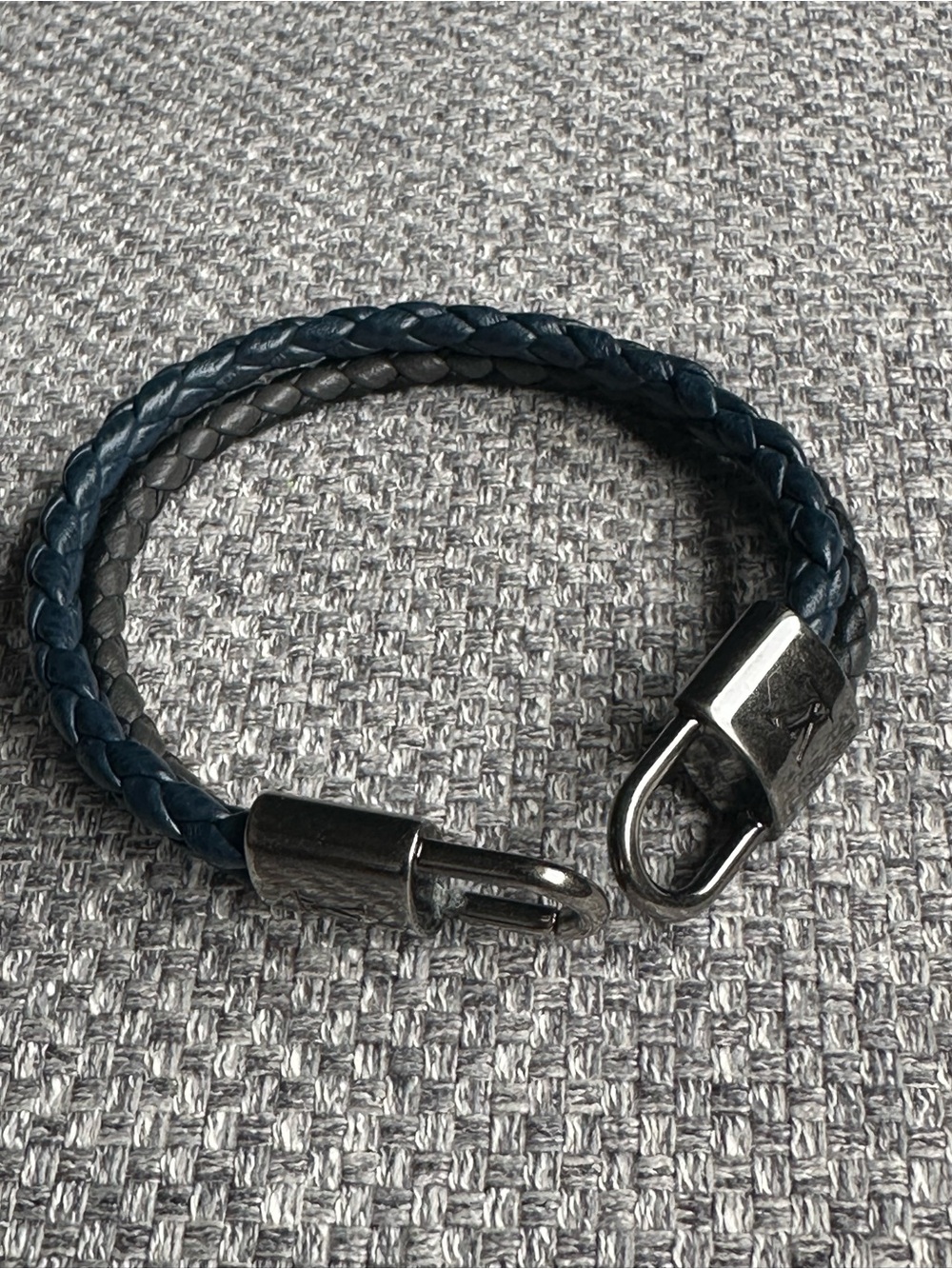 Louis Vuitton Men’s Braided Leather Padlock Bracelet Blue Grey 6.7” Wrist